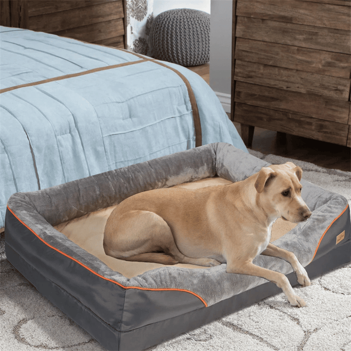 Orthopedic memory foam dog bed, large size, cushioned interior with cotton-padded bolster, perfect for large breeds.