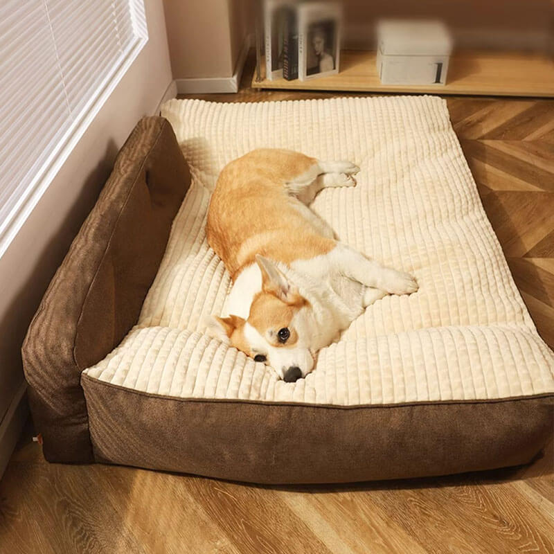 "Orthopedic pet bed with supportive terylene fabric, thick base, built-in pillow, ideal for joint comfort, non-slip design."