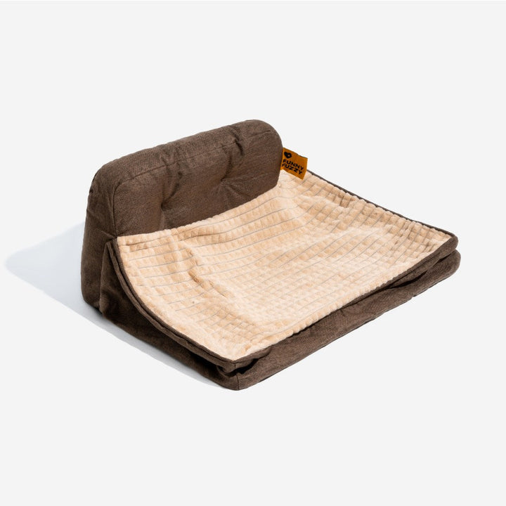 "Orthopedic pet bed with supportive terylene fabric, thick base, built-in pillow, ideal for joint comfort, non-slip design."