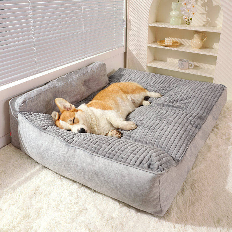 "Orthopedic pet bed with supportive terylene fabric, thick base, built-in pillow, ideal for joint comfort, non-slip design."