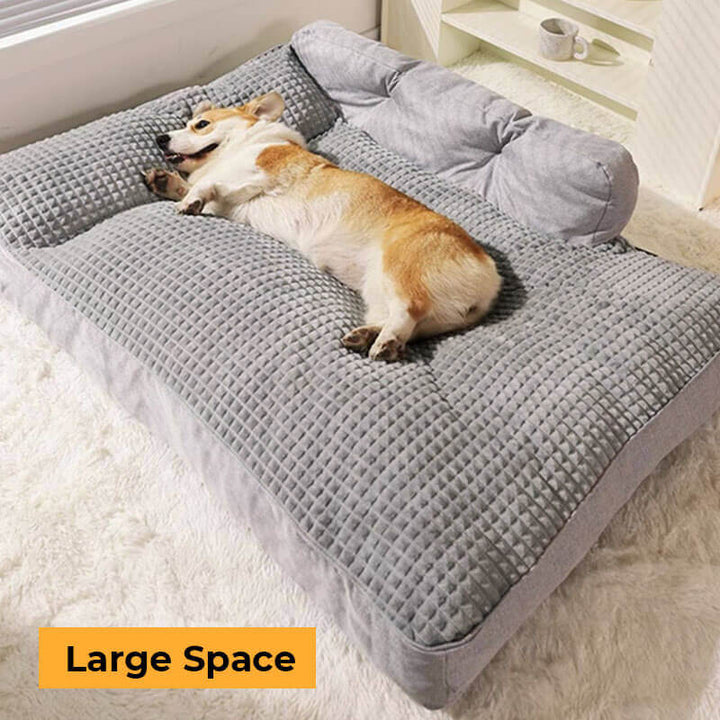 "Orthopedic pet bed with supportive terylene fabric, thick base, built-in pillow, ideal for joint comfort, non-slip design."