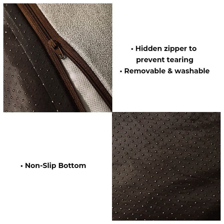 "Orthopedic pet bed with supportive terylene fabric, thick base, built-in pillow, ideal for joint comfort, non-slip design."