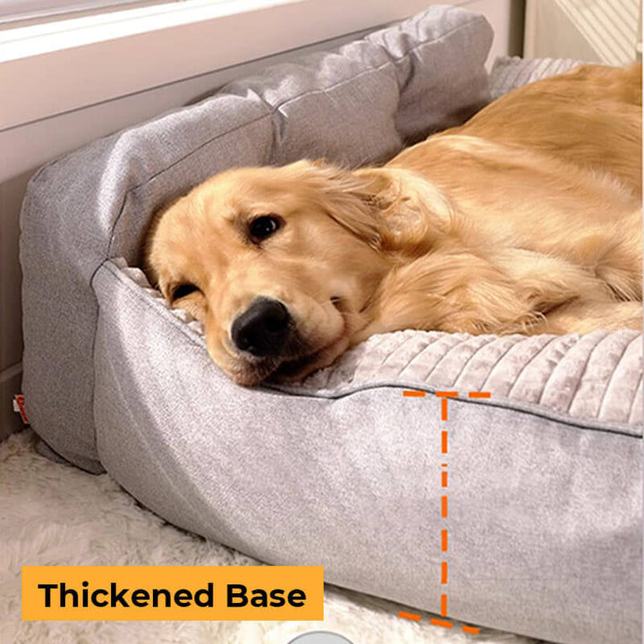 "Orthopedic pet bed with supportive terylene fabric, thick base, built-in pillow, ideal for joint comfort, non-slip design."