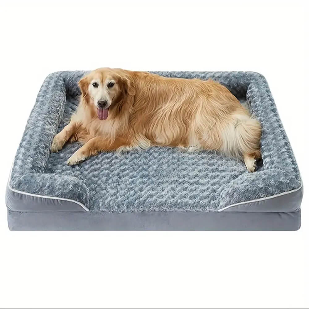 Orthopedic waterproof dog bed with thick foam base, raised edges, and plush cover for ultimate joint support and comfort.