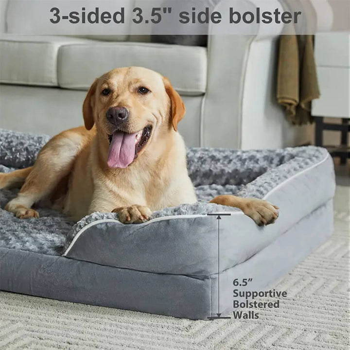 Orthopedic waterproof dog bed with thick foam base, raised edges, and plush cover for ultimate joint support and comfort.