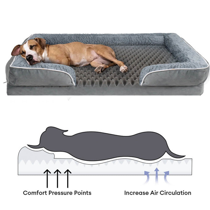 Orthopedic waterproof dog bed with thick foam base, raised edges, and plush cover for ultimate joint support and comfort.