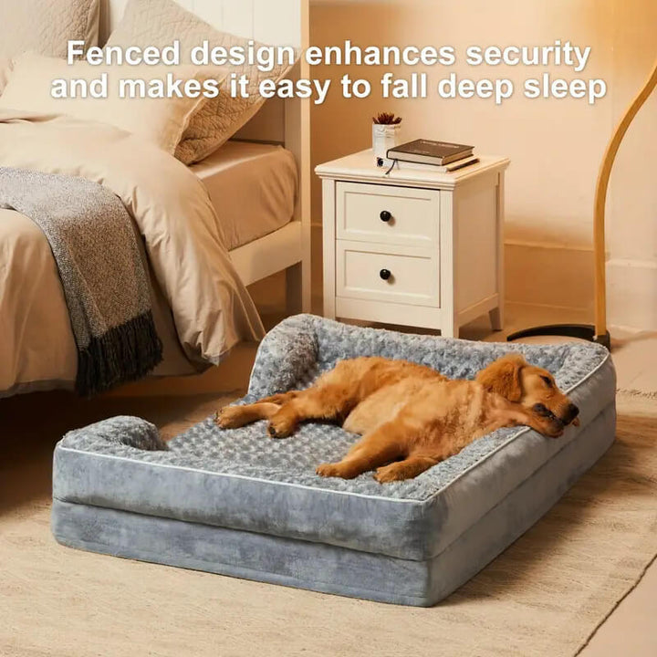 Orthopedic waterproof dog bed with thick foam base, raised edges, and plush cover for ultimate joint support and comfort.