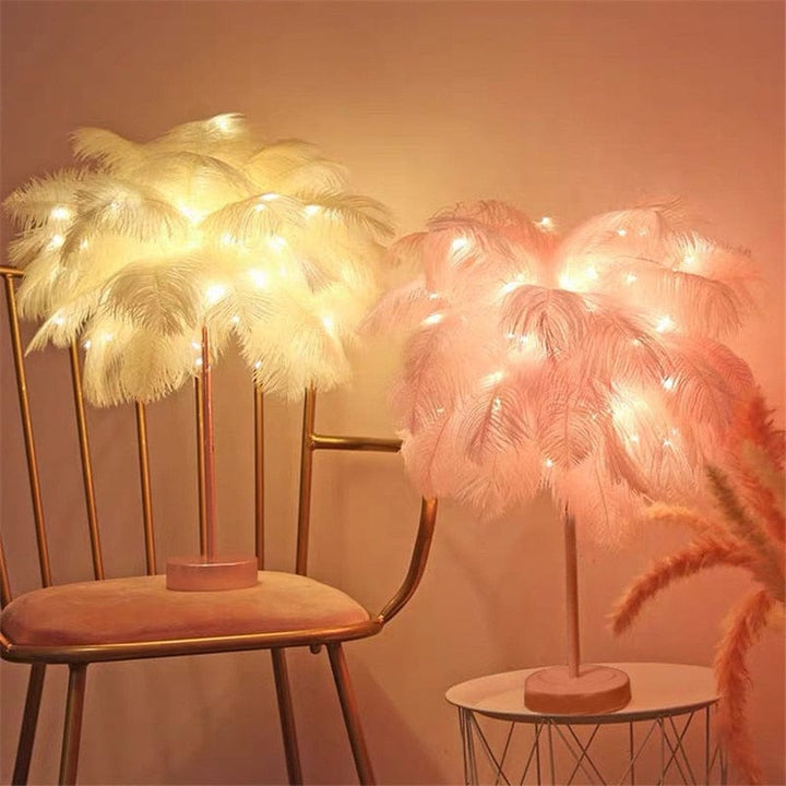 "Ostrich Feather Palm Tree Lamp with adjustable branches, USB or battery powered, elegant home decor with warm white light."