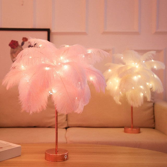 "Ostrich Feather Palm Tree Lamp with adjustable branches, USB or battery powered, elegant home decor with warm white light."