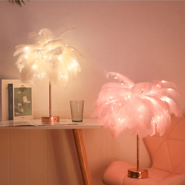 "Ostrich Feather Palm Tree Lamp with adjustable branches, USB or battery powered, elegant home decor with warm white light."