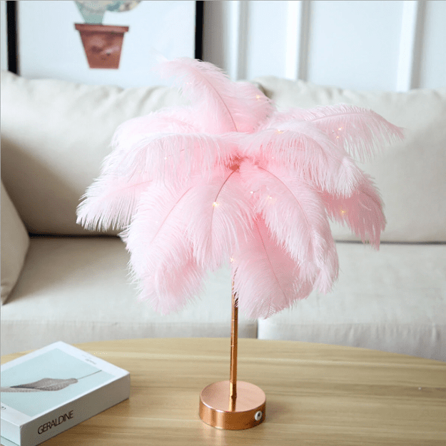 "Ostrich Feather Palm Tree Lamp with adjustable branches, USB or battery powered, elegant home decor with warm white light."