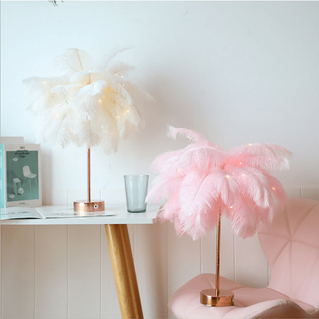 "Ostrich Feather Palm Tree Lamp with adjustable branches, USB or battery powered, elegant home decor with warm white light."
