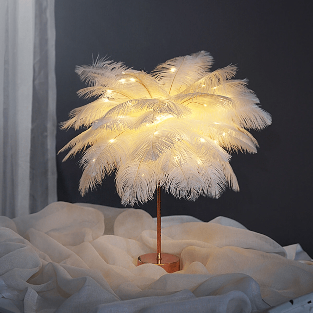 "Ostrich Feather Palm Tree Lamp with adjustable branches, USB or battery powered, elegant home decor with warm white light."