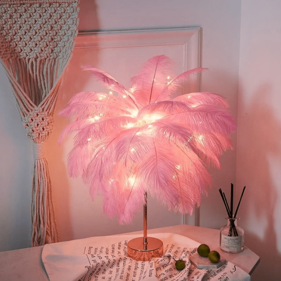 "Ostrich Feather Palm Tree Lamp with adjustable branches, USB or battery powered, elegant home decor with warm white light."
