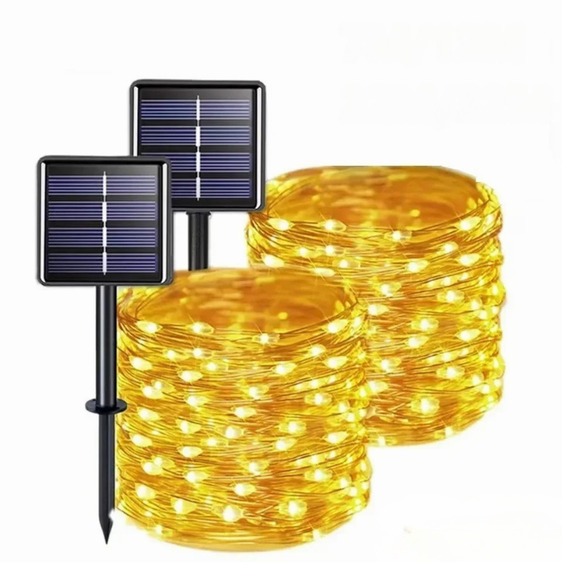 Outdoor eco-friendly solar string lights with vibrant colors on a flexible copper wire for gardens, patios, and celebrations.