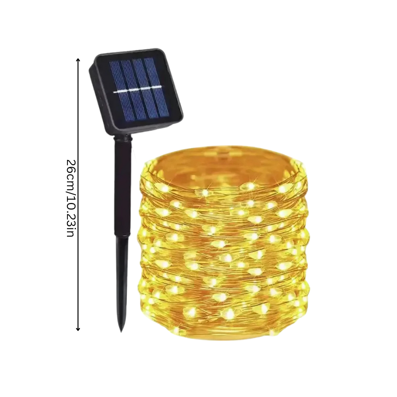 Outdoor eco-friendly solar string lights with vibrant colors on a flexible copper wire for gardens, patios, and celebrations.