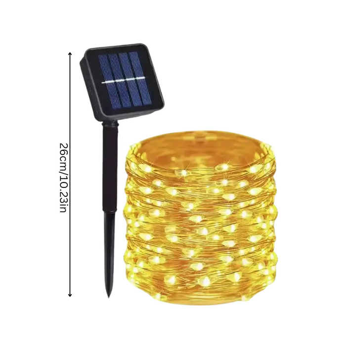 Outdoor eco-friendly solar string lights with vibrant colors on a flexible copper wire for gardens, patios, and celebrations.