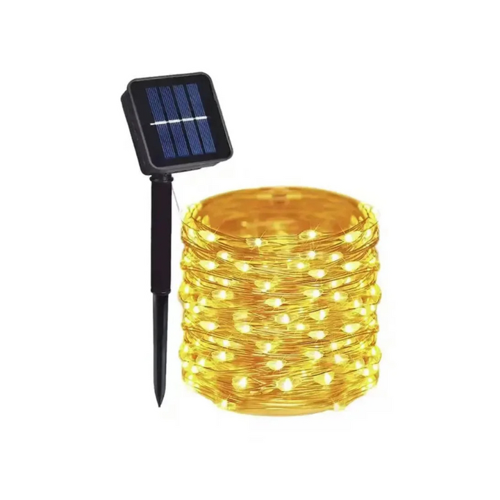 Outdoor eco-friendly solar string lights with vibrant colors on a flexible copper wire for gardens, patios, and celebrations.