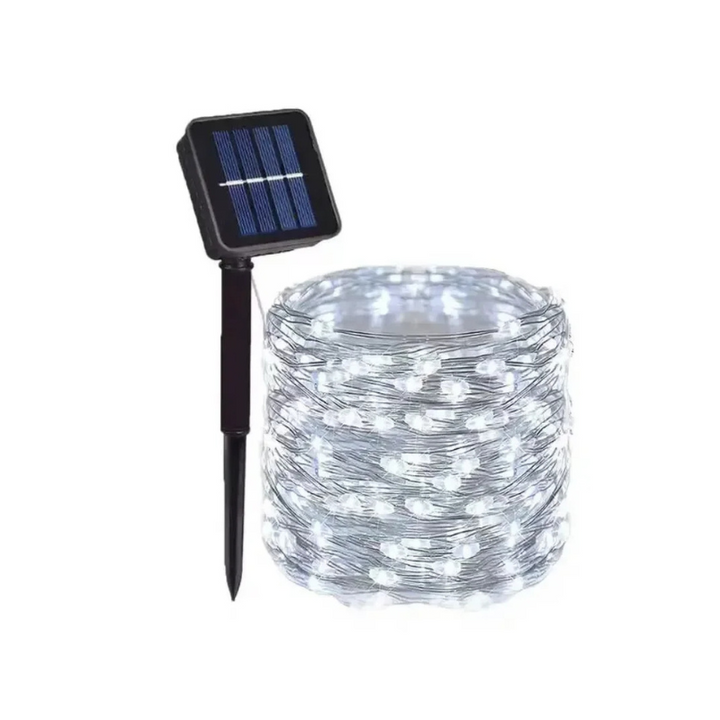 Outdoor eco-friendly solar string lights with vibrant colors on a flexible copper wire for gardens, patios, and celebrations.