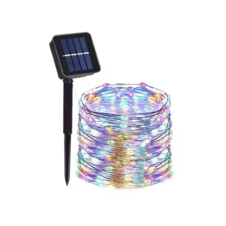 Outdoor eco-friendly solar string lights with vibrant colors on a flexible copper wire for gardens, patios, and celebrations.