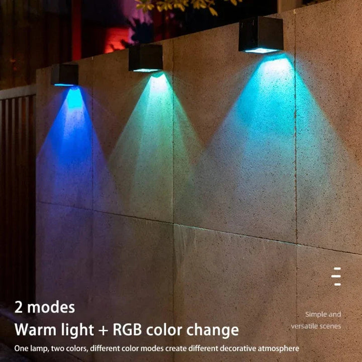 "Outdoor LED solar wall light, European style, waterproof, garden lamp, IP65, black and gold finish, elegant design"