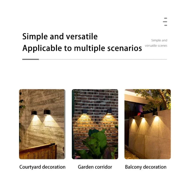 "Outdoor LED solar wall light, European style, waterproof, garden lamp, IP65, black and gold finish, elegant design"