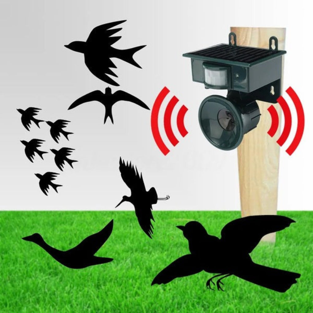"Outdoor motion sensor bird deterrent with LED light and sound, repels birds, weather-resistant, for gardens and balconies."