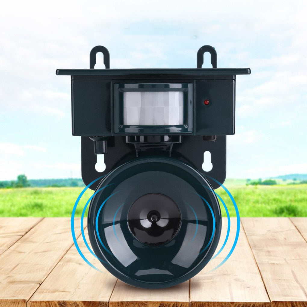 "Outdoor motion sensor bird deterrent with LED light and sound, repels birds, weather-resistant, for gardens and balconies."