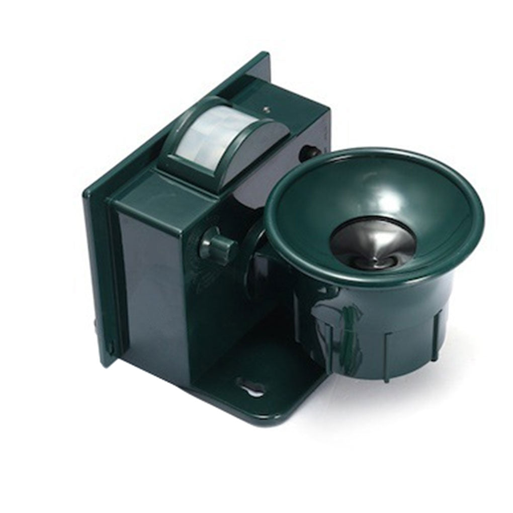 "Outdoor motion sensor bird deterrent with LED light and sound, repels birds, weather-resistant, for gardens and balconies."