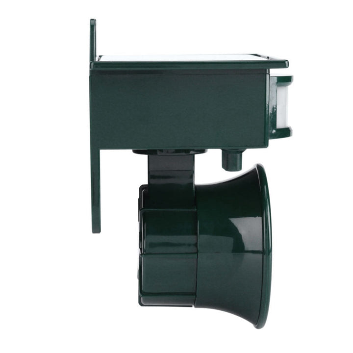 "Outdoor motion sensor bird deterrent with LED light and sound, repels birds, weather-resistant, for gardens and balconies."