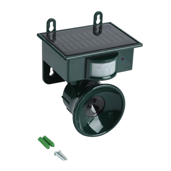 "Outdoor motion sensor bird deterrent with LED light and sound, repels birds, weather-resistant, for gardens and balconies."