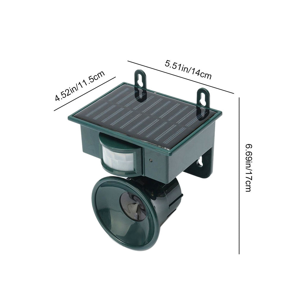 "Outdoor motion sensor bird deterrent with LED light and sound, repels birds, weather-resistant, for gardens and balconies."