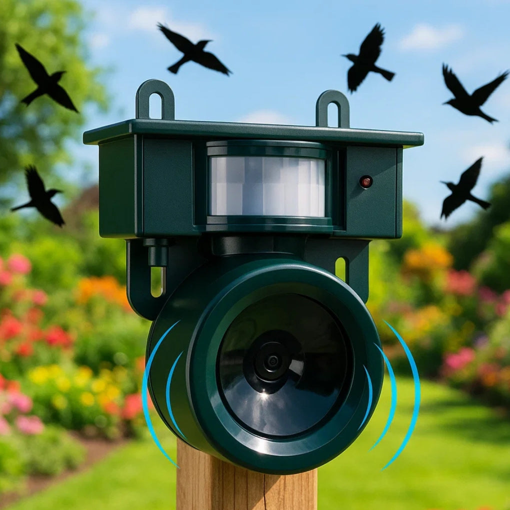 "Outdoor motion sensor bird deterrent with LED light and sound, repels birds, weather-resistant, for gardens and balconies."