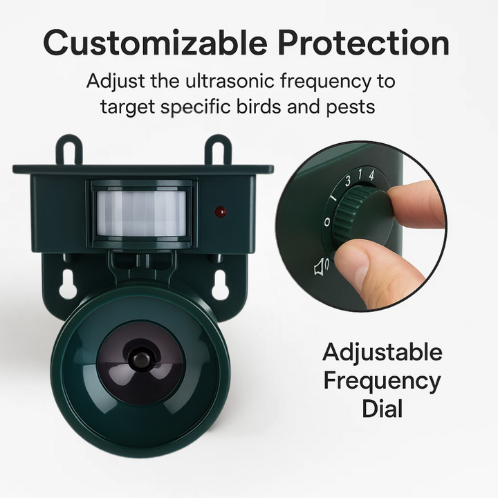 "Outdoor motion sensor bird deterrent with LED light and sound, repels birds, weather-resistant, for gardens and balconies."