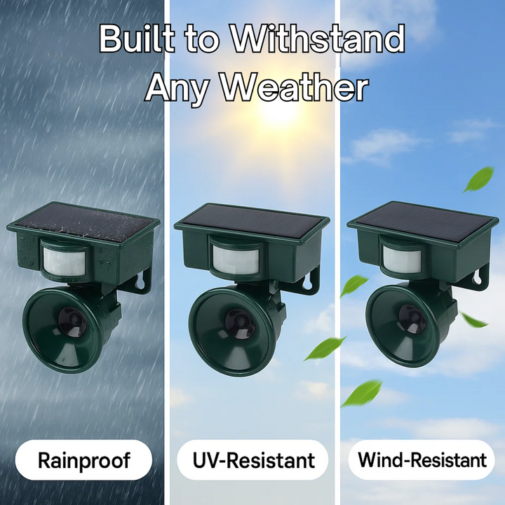 "Outdoor motion sensor bird deterrent with LED light and sound, repels birds, weather-resistant, for gardens and balconies."