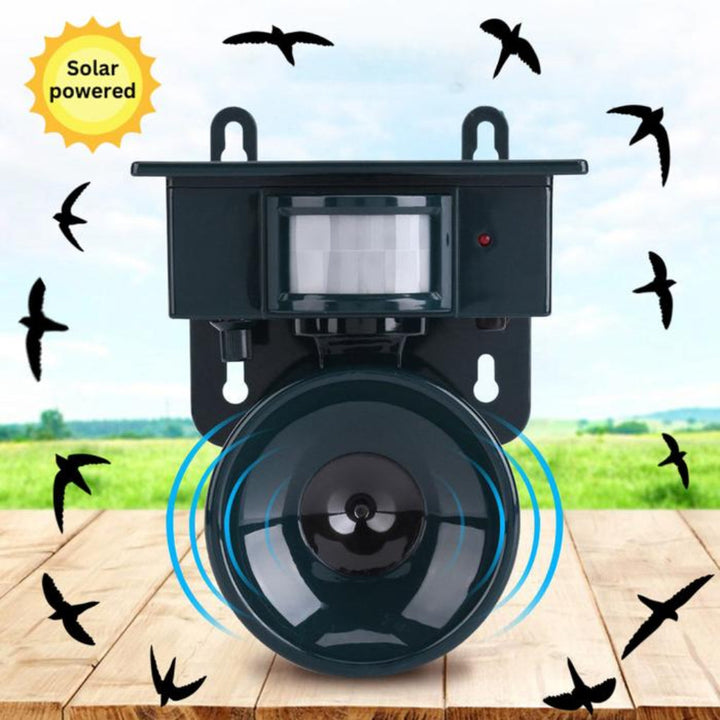 "Outdoor motion sensor bird deterrent with LED light and sound, repels birds, weather-resistant, for gardens and balconies."