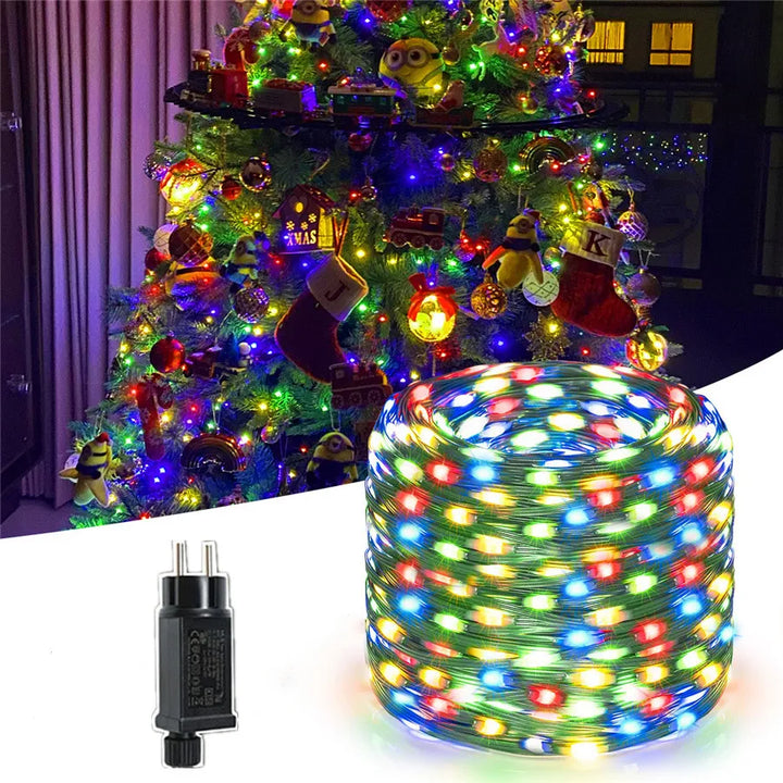 Outdoor multicolour LED rope light, waterproof with flexible PVC, shown in vibrant lighting modes for garden decor.
