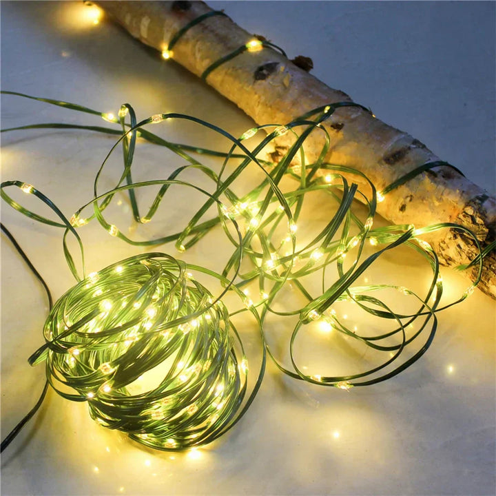 Outdoor multicolour LED rope light, waterproof with flexible PVC, shown in vibrant lighting modes for garden decor.