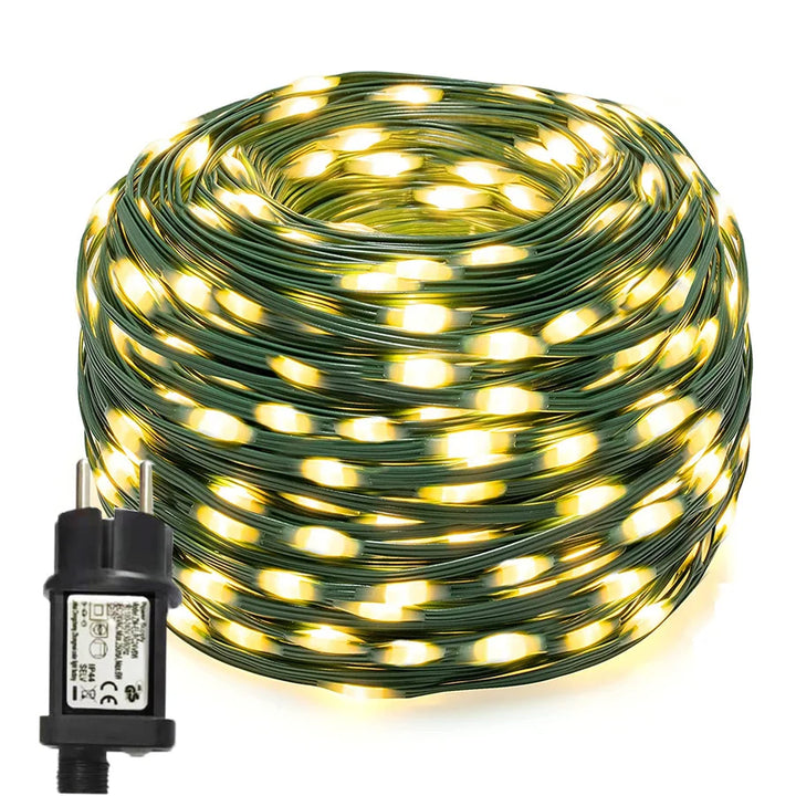 Outdoor multicolour LED rope light, waterproof with flexible PVC, shown in vibrant lighting modes for garden decor.