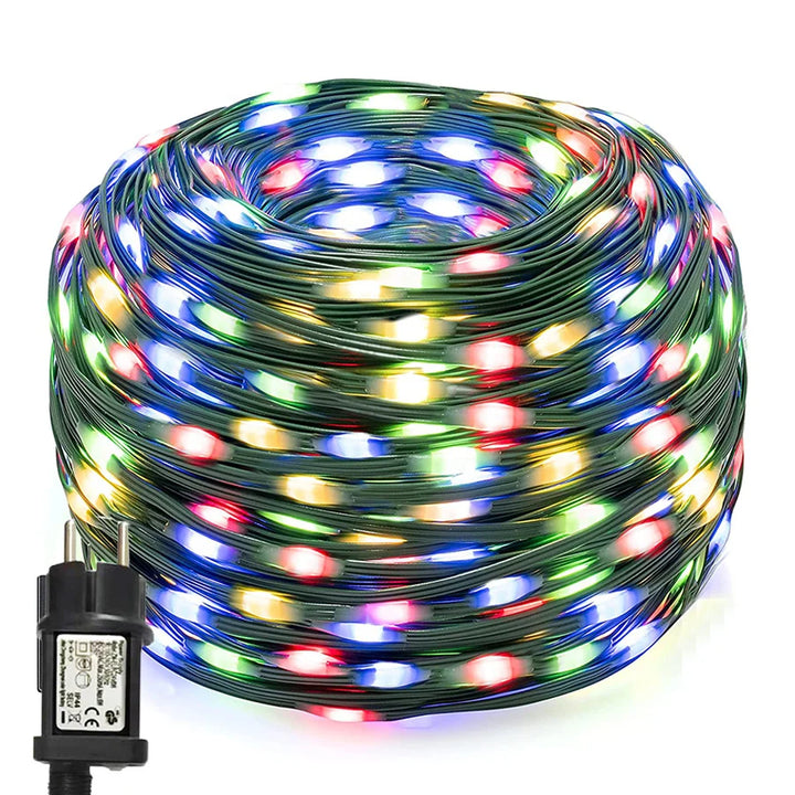 Outdoor multicolour LED rope light, waterproof with flexible PVC, shown in vibrant lighting modes for garden decor.