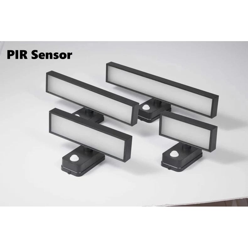 "Outdoor PIR motion sensor wall light, black aluminium, IP65 waterproof, rotatable design, warm white glow, modern style."