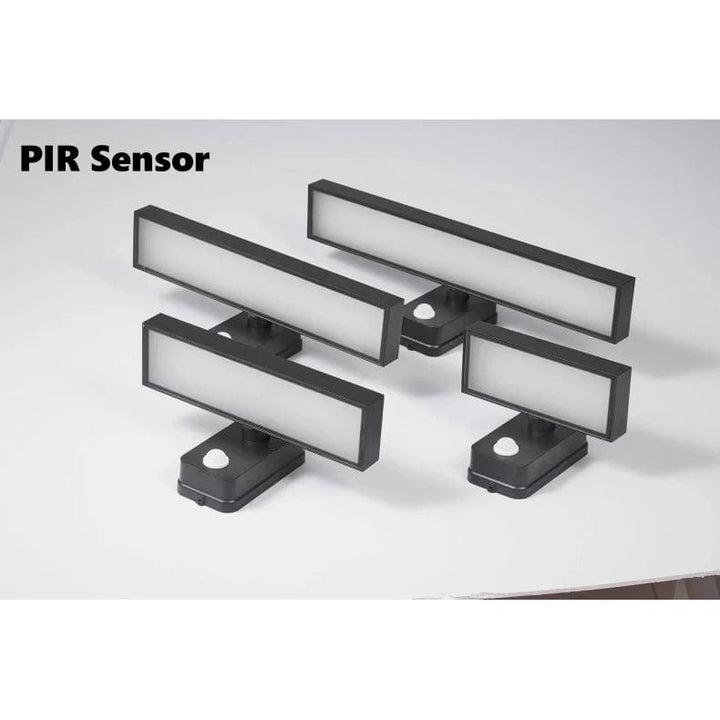 "Outdoor PIR motion sensor wall light, black aluminium, IP65 waterproof, rotatable design, warm white glow, modern style."