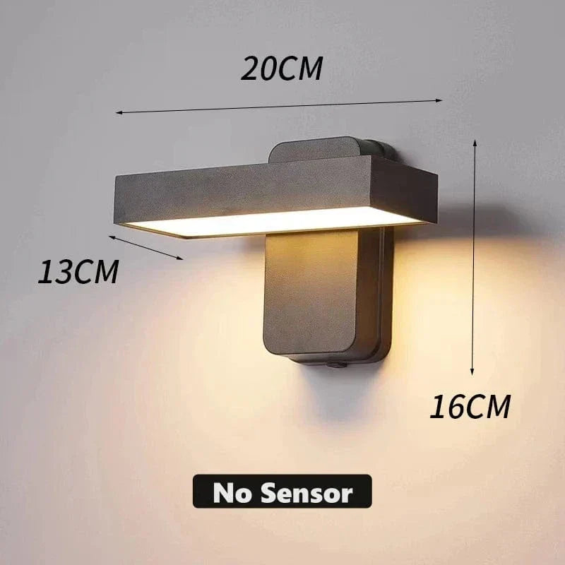 "Outdoor PIR motion sensor wall light, black aluminium, IP65 waterproof, rotatable design, warm white glow, modern style."