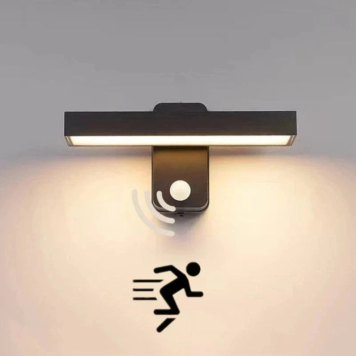 "Outdoor PIR motion sensor wall light, black aluminium, IP65 waterproof, rotatable design, warm white glow, modern style."