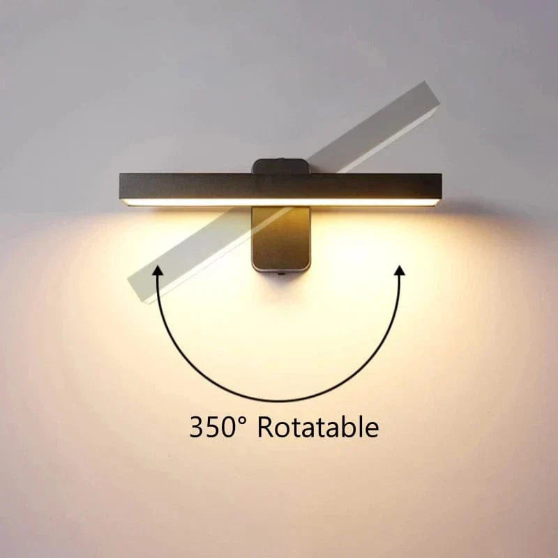 "Outdoor PIR motion sensor wall light, black aluminium, IP65 waterproof, rotatable design, warm white glow, modern style."