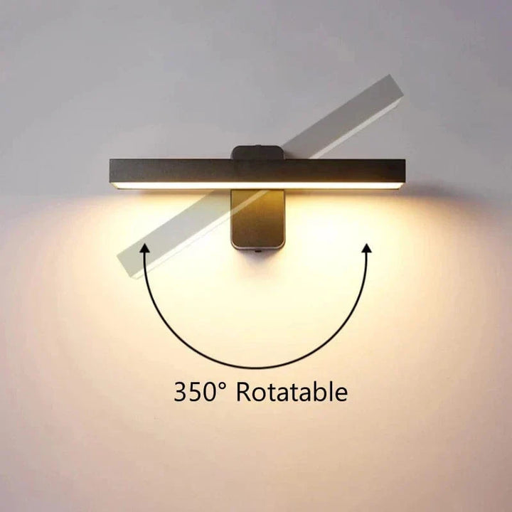 "Outdoor PIR motion sensor wall light, black aluminium, IP65 waterproof, rotatable design, warm white glow, modern style."