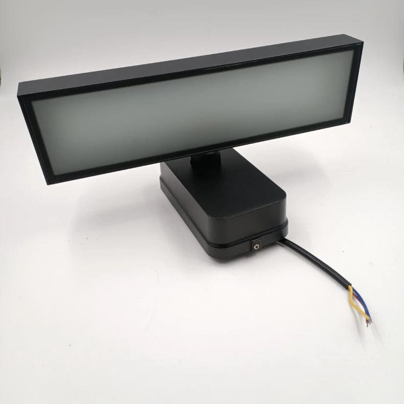 "Outdoor PIR motion sensor wall light, black aluminium, IP65 waterproof, rotatable design, warm white glow, modern style."