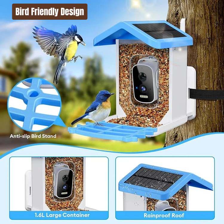 "Outdoor smart solar camera bird feeder with HD video, green roof, and transparent sides, showing bird feed inside."