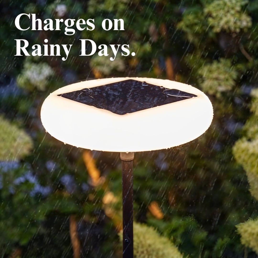 Outdoor solar floor lamp with metal and acrylic body, modern design, stands on patio illuminating with warm LED glow.