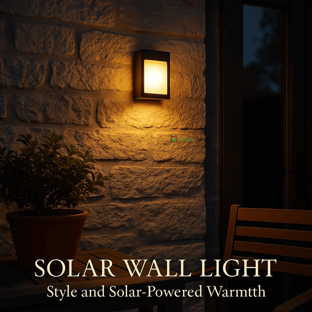 Outdoor Solar LED Wall Light with soft white glow, mounted on patio wall, weather-resistant, perfect for gardens and pathways